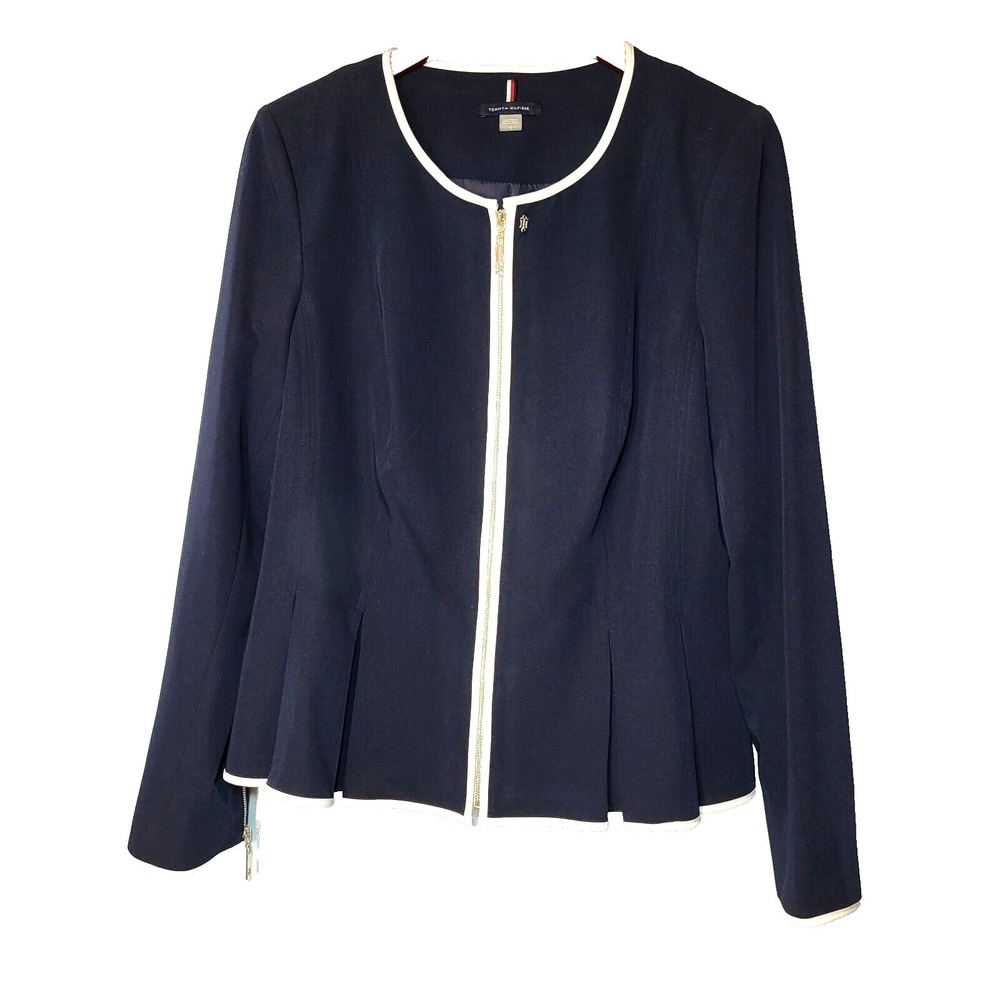 Tommy Hilfiger Navy Peplum Front Zip Blazer Contrast White‎ Trim Size 12 Classic